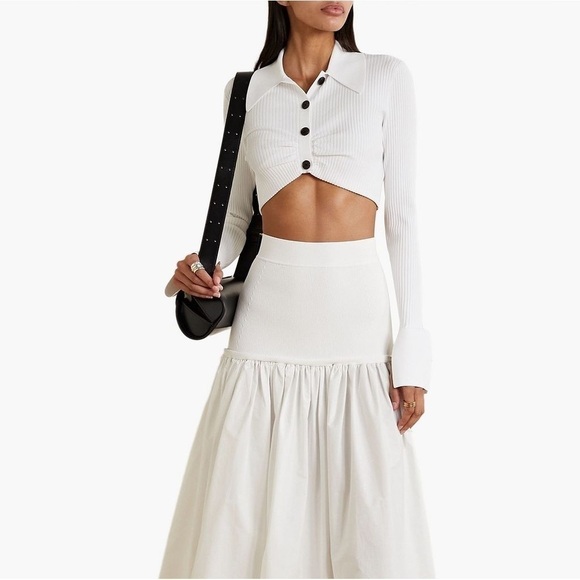 NEW A.L.C. Ashlyn Cropped Gathered Bust Ribbed Knit Top Stretch White Flared Lg